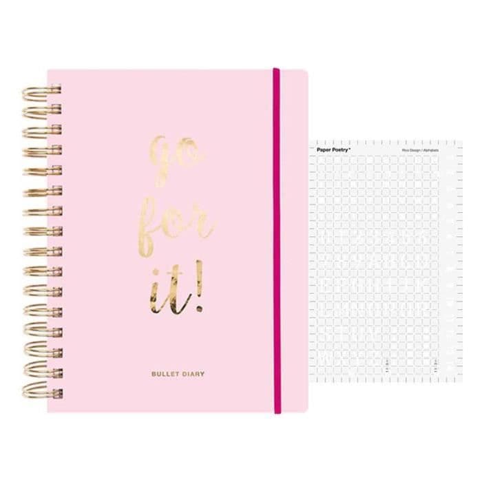 Agenda Bullet journal rosa med spiraler 96 ark + Bokstäver och siffror stencil