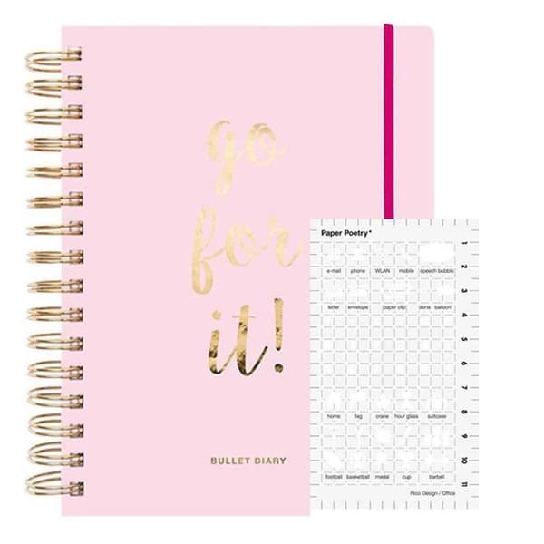 Agenda Bullet journal rosa med spiraler 96 ark + Office icons stencil