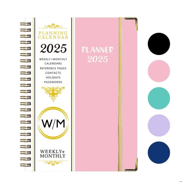 Agenda 2025 Veckovis 21,7 x 15,8 cm, Vertikal skolplanerare 12 månader 2025 med mjukt spiralskydd - Rosa