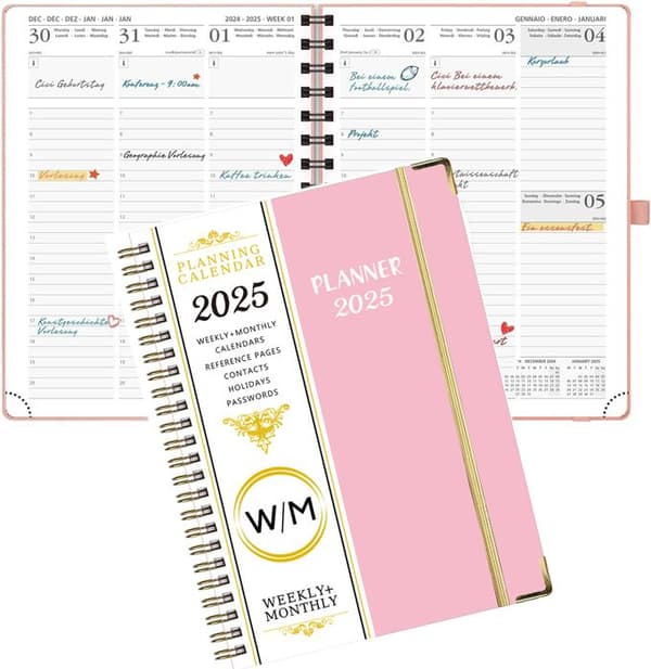 Agenda 2025 Veckovis 21,7 x 15,8 cm, Vertikal skolplanerare 12 månader 2025 med mjukt spiralskydd - Rosa