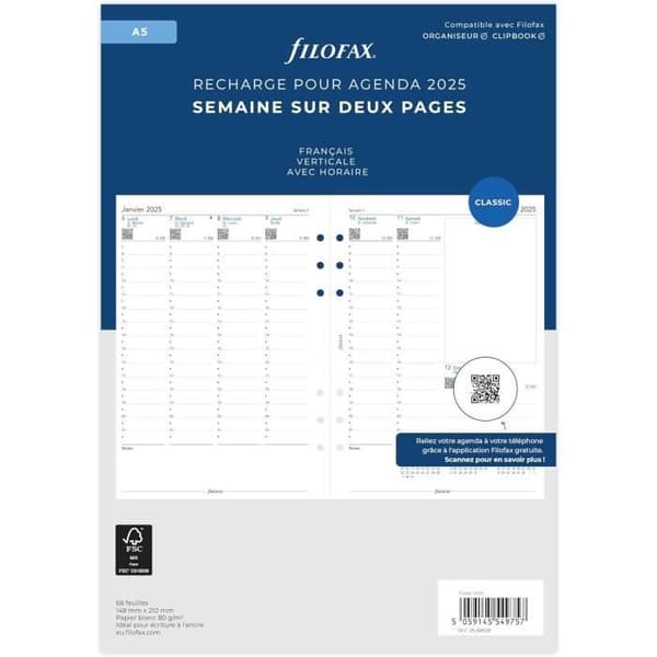 Återfyllning av kalender - Franska - A5 - 2025 - Vecka på 2 sidor - Blandet - 14,8 x 21 cm