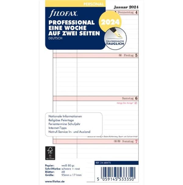Agenda - organiser - påfyllning Filofax - 000024-68475 - 24-68475 Personlig agenda 2024 1 vecka / 2 sidor professionella