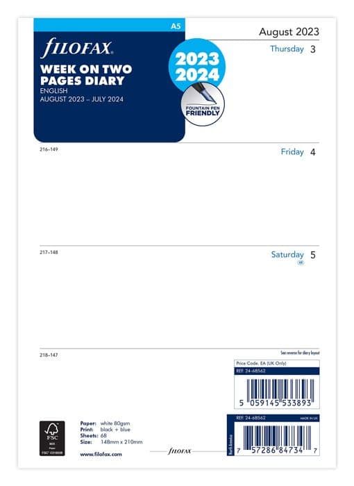 Dagbok - arrangör - Filofax refill - 24-68562 - A5 veckodagbok på 2 sidor från 23 augusti till 24 juli, vit