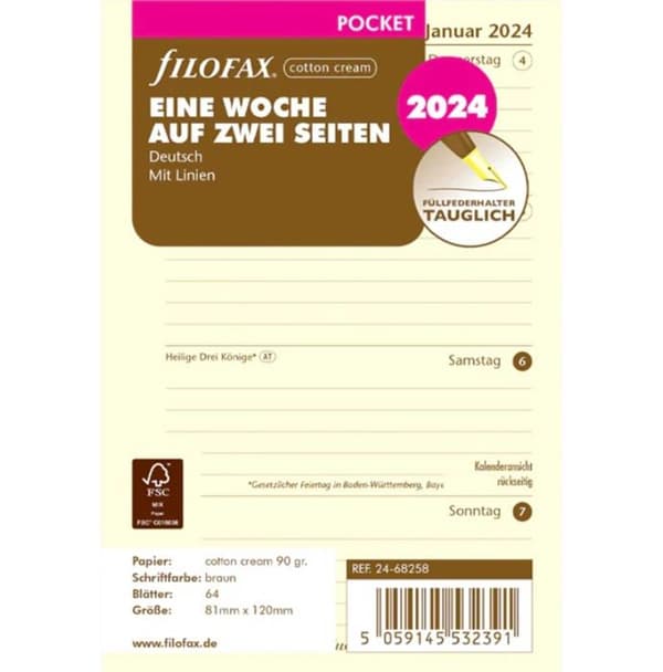 Filofax - 000024-68258 - 24-68258 Pocket Agenda 2024 1 vecka / 2 sidor Crème bomull tysk