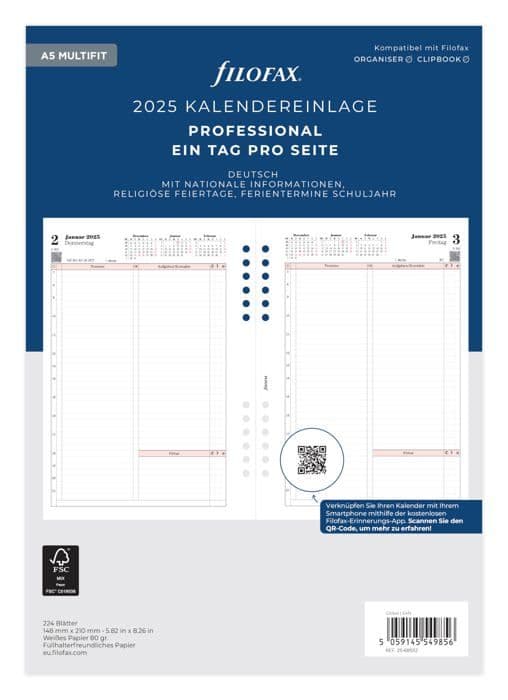 Agenda - organiser - påfyllning Filofax A5 Professional 1 dag per sida (tyska) 2025
