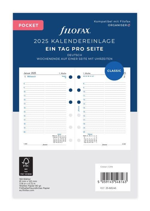 Agenda - organisatör - påfyllning Filofax Pocket 1 dag per sida. (tyska) 2025