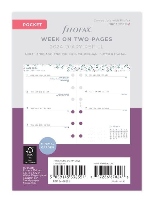 Agenda - organiser - refill Filofax - 25-68292 - Pocket Garden Vecka över två sidor 2025