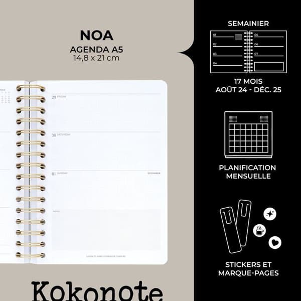 Kokonote - AEKOSVA5P2402 - Agenda Semainier 2024 2025 Skol - Spiral Agenda - August 2024 till December 2025
