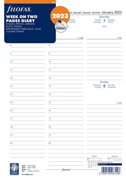 Agenda - arrangör - Filofax refill - 23-68714 - A4 vecka på två sidor 5 språkmöten 2023 dagbok