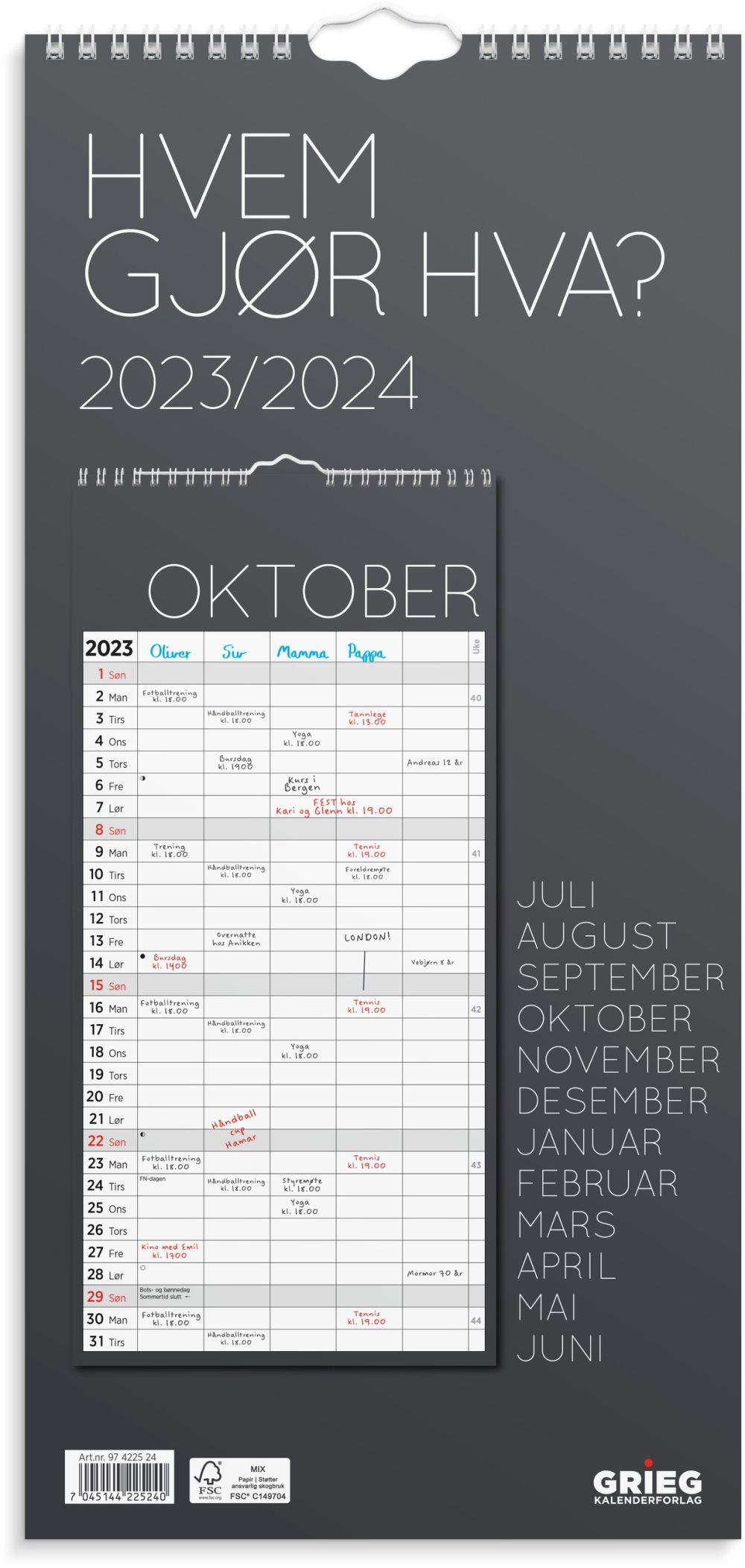 Veggkalender Hvem Gjør Hva 2023/2024 Grieg CDON