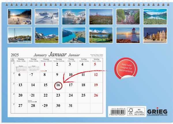 Veggkalender 2025 A4 Magnetkalender Vakre Norge Grieg