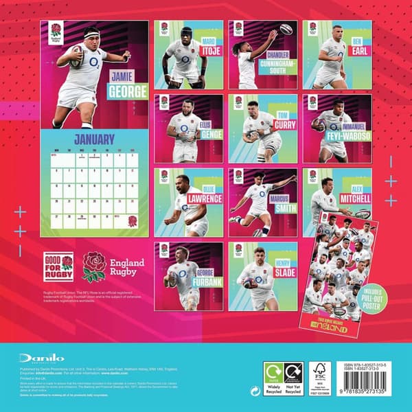 England RFU 2025 Square Wall Calendar