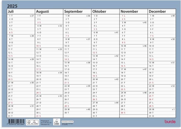 Väggkalender 25/26 A4 Väggblad Burde