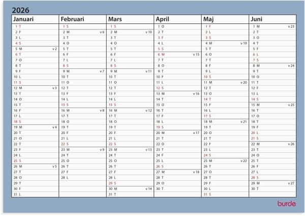 Väggkalender 25/26 A4 Väggblad Burde