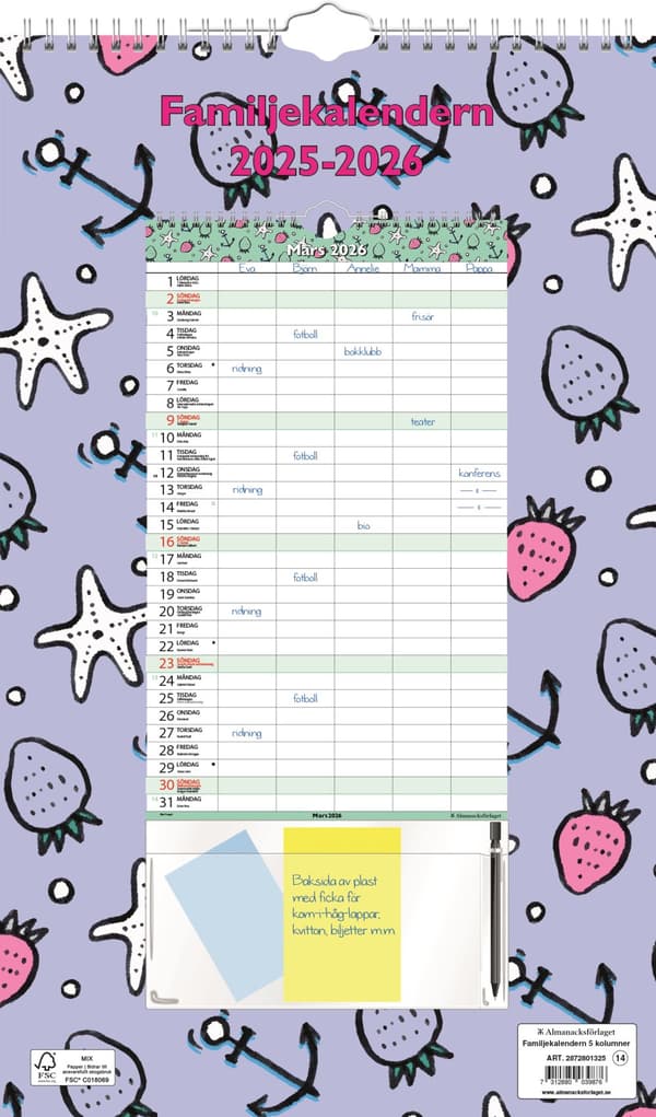 Familie-veggkalender 25/26 18 mnd 5 kolonner Almanacksförlaget