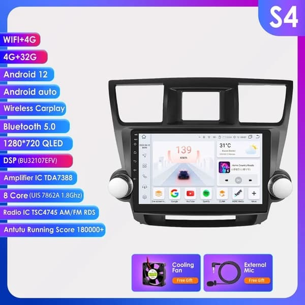 Toyota Highlander Radio, Multimedia Video -soitin, GPS-navigointi, S1-3G 32G-8cores