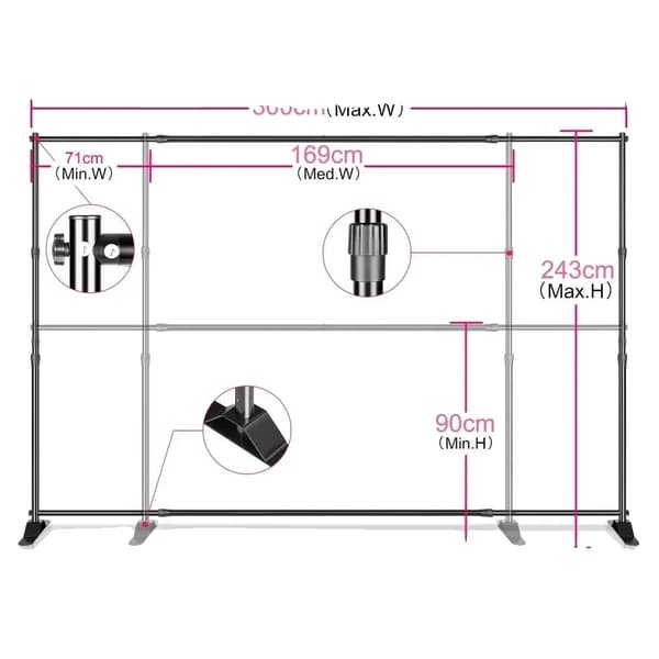 Taustatuki, säädettävä leveys 240 cm - 340 cm, säädettävä korkeus 90 cm - 270 cm,Kaksinkertainen kerros 2.4x3M
