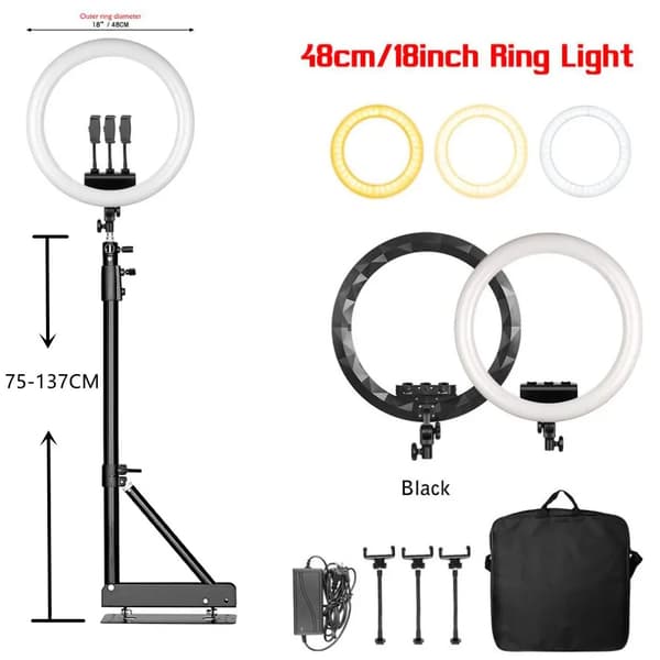 18 tum Ring Light, Justerbar Ljusstyrka 2500k-8500k, Hög Färgprecision RA95,18C 135cm Fäste
