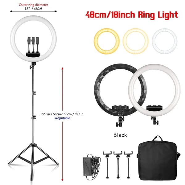 18 Tommer Ringlys, Dæmpbar 2500k-8500k, Justerbar Lysstyrke,18C 150cm Tripod