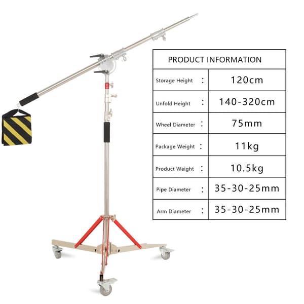 Fotograferings C-Stand, rostfritt stål konstruktion, justerbar Magic Leg,RÖD 3.2M Hjul