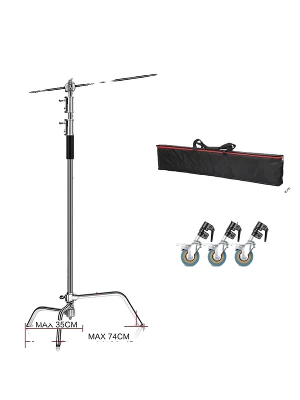 C-Stand Fotostativ, Maximal Höjd 260 cm, Glidben för Ojämt Terräng,2.6M med hjulväska