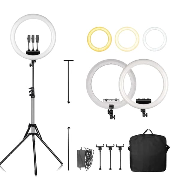 18 Tum Ringljus, Justerbar Höjd 100cm till 200cm, Dimbar 3300-5600K,184cm Vit