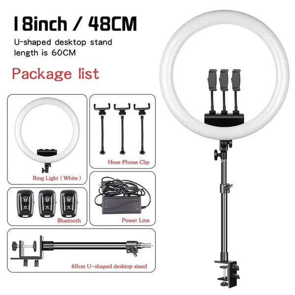 18 Tum Ringljus, Justerbar Höjd 100cm till 200cm, Dimbar 3300-5600K,Vit U-stativ
