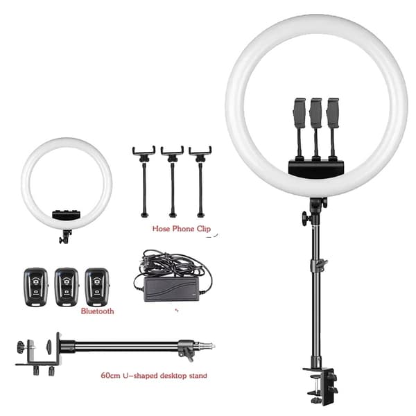 18 Tum Ringljus, Justerbar Höjd 100cm till 200cm, Dimbar 3300-5600K,Vit U-stativ