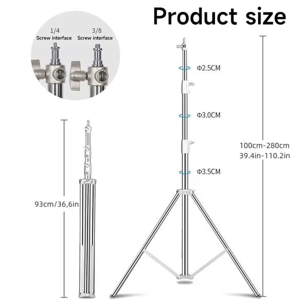 Justerbar ljusstativ i rostfritt stål, tungt utförande, höjdintervall 100-280 cm,silver