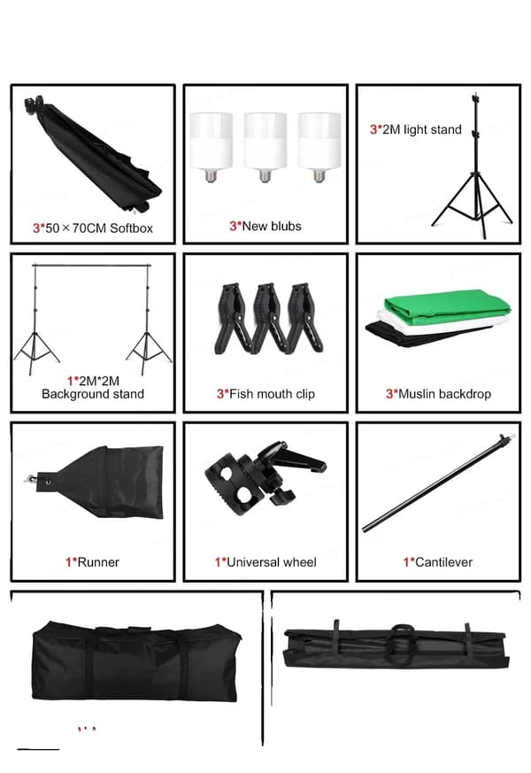 Fotostudio Kit, 2x3m Bakgrundsställning, 50x70cm Softbox, E27 Lampfäste,Fotostudio Kit 35
