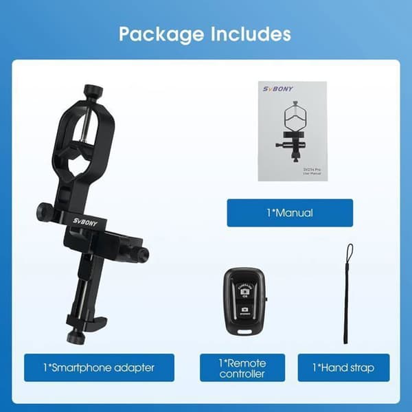 SV214 Pro telefonadapter 3-axlig universell klämma med utlösare 28mm-64mm för att fånga bilder och video genom teleskop eller digiscoping