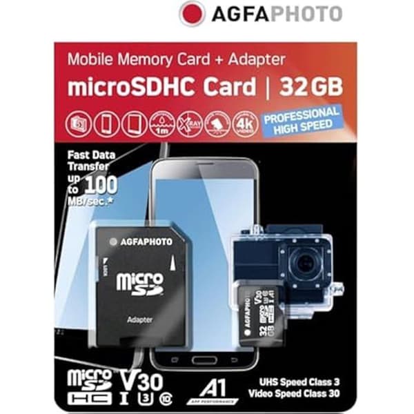 MicroSDHC-kort - AGFAPHOTO - 32GB - UHS I - High Speed U3 - V30 A1