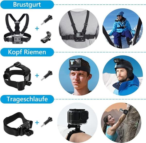Tillbehör GoPro - Tillbehörsset kompatibelt med GoPro Hero 12 11 10 9 Black - Inkluderar bröstsele, en cykelhållare