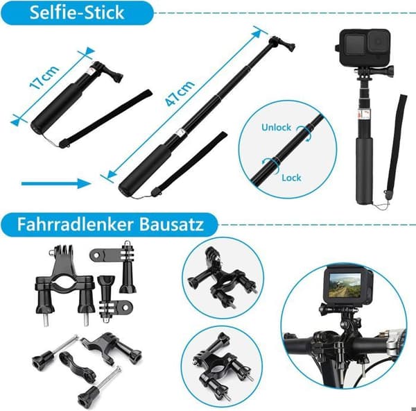 Tillbehör GoPro - Tillbehörsset kompatibelt med GoPro Hero 12 11 10 9 Black - Inkluderar bröstsele, en cykelhållare