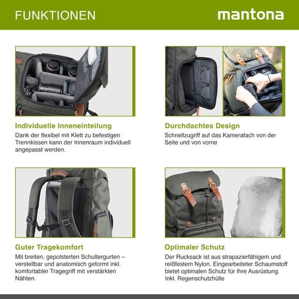 Kameraryggsäck - mantona - Luis - Nylon - Läder - Grön
