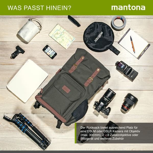 Kameraryggsäck - mantona - Luis - Nylon - Läder - Grön