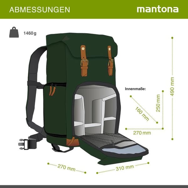 Kameraryggsäck - mantona - Luis - Nylon - Läder - Grön