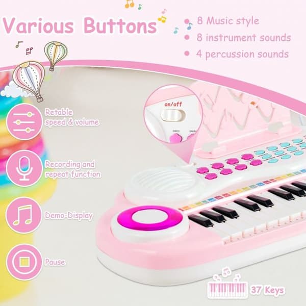 Børns Elektronisk Keyboard, 37 Tangenter med Mikrofon og Rytme Lys, 48x20x38 cm, Lyserød