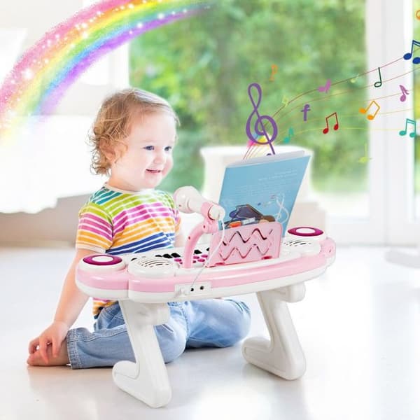 Børns Elektronisk Keyboard, 37 Tangenter med Mikrofon og Rytme Lys, 48x20x38 cm, Lyserød