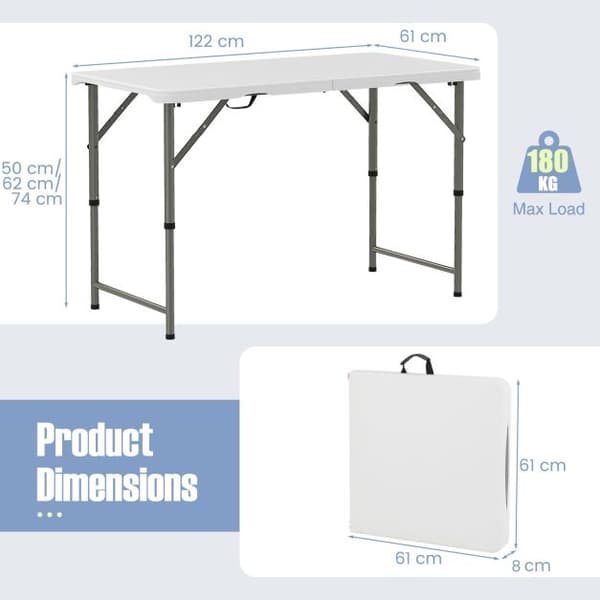 Campingbord, 122x61x50/62/74 cm, Vit