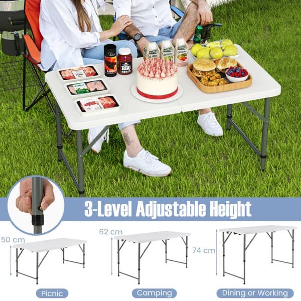 Campingbord, 122x61x50/62/74 cm, Vit