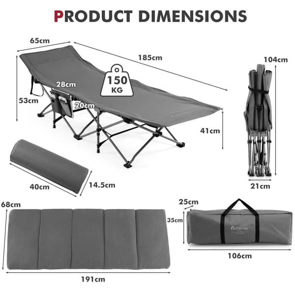 Camping seng, 185x65x41-53 cm, Grå