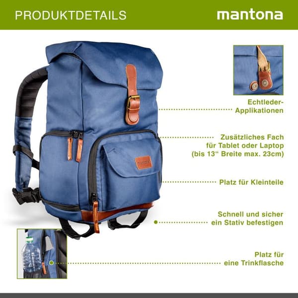 Fotoryggsäck - Mantona - Luis Junior - Blå, Brun - Äkta läder - Regnskydd