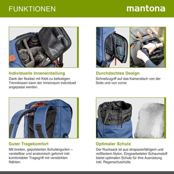 Fotoryggsäck - Mantona - Luis Junior - Blå, Brun - Äkta läder - Regnskydd