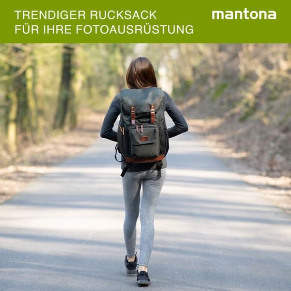 Fotoryggsäck - Mantona - Luis Junior - Blå, Brun - Äkta läder - Regnskydd