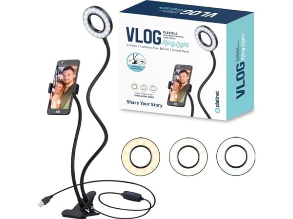 Platinet 3 tommers Vlog LED-ringlampe (24 LED-er) på klips, inkludert telefonholder - 3000K-4500K-6000K justerbar, 1,9m? USB-kabel med bryter inklude