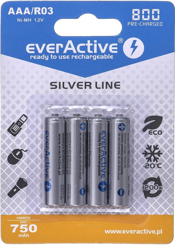 Ladattavat akut everActive Ni-MH R03 AAA 800 mAh Silver Line