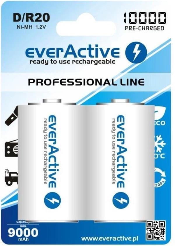 Genopladelige batterier everActive R20/D Ni-MH 10000 mAh klar til brug