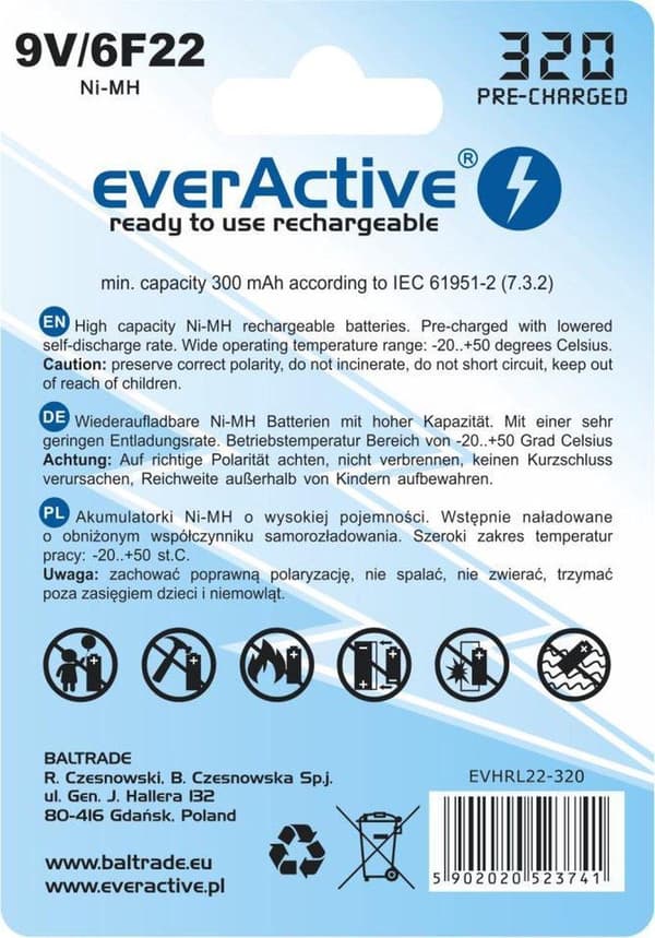 Genopladelige batterier everActive Ni-MH 6F22 9V 320 mAh Professional Line