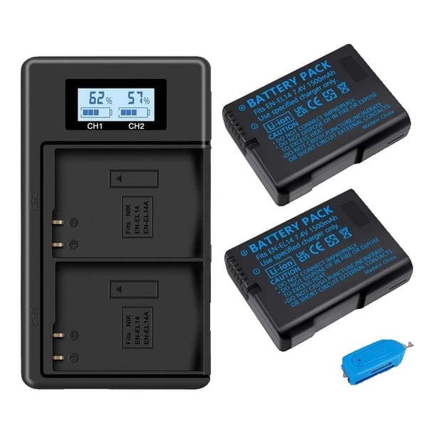Nikon EN-EL14 batteri, LCD dobbelt oplader, Kompatibel med D3100 D3200 D3300 D5100 D5200 D5300 P7000 P7800, 3 batteri og oplader